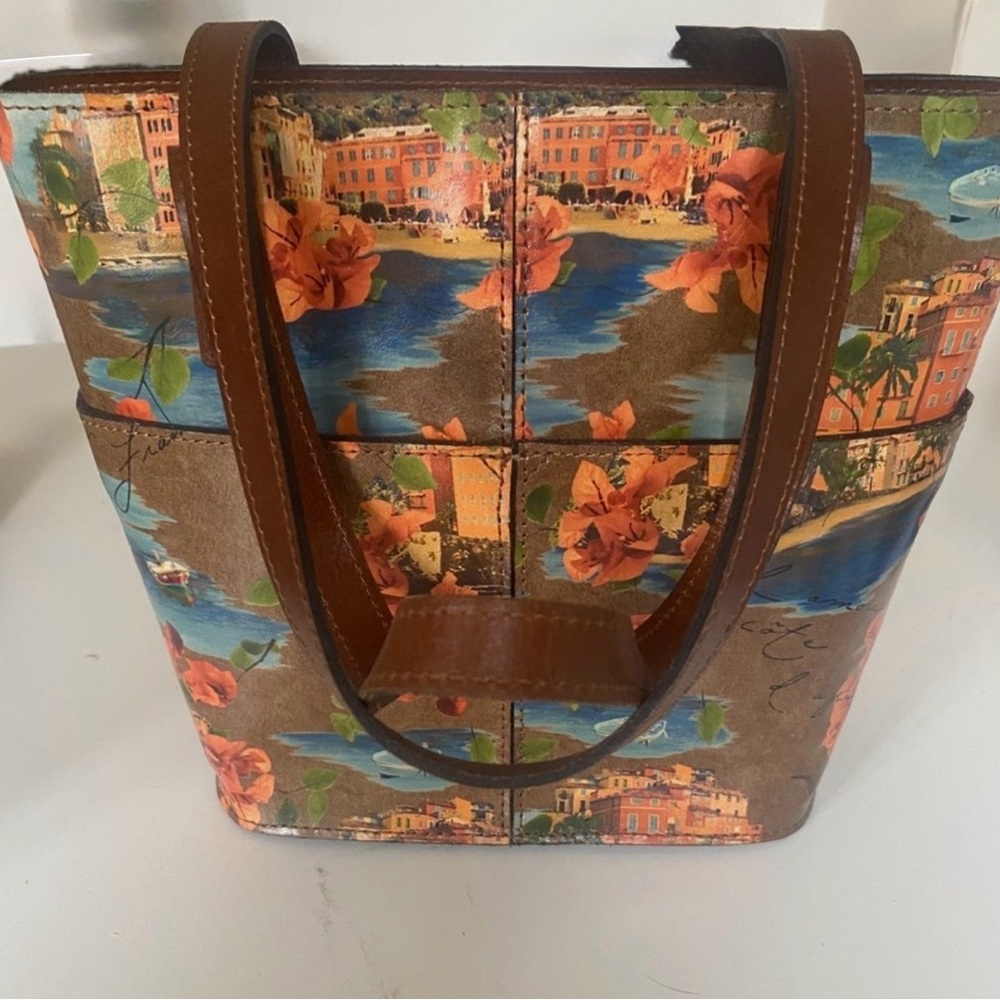 Patricia Nash Brown Floral and Blue Coastal Print Tote
